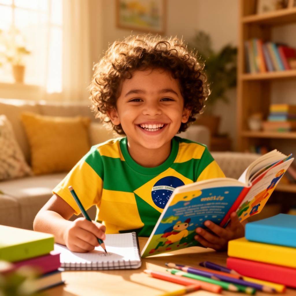 Criança feliz lendo e escrevendo